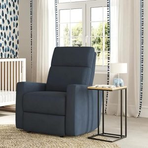 Blue recliner in room with baby's crib, ideal for breastfeeding.