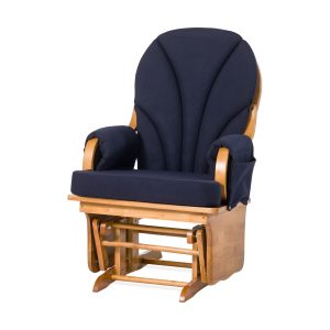 A wooden glider chair, perfect for what makes a good nursing chair, with a navy blue cushioned seat and backrest.