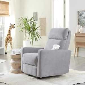 Gray nursing chair with plush cushioning and supportive armrests in a serene nursery.