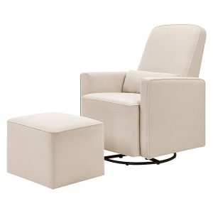 Beige nursing chair with plush armrests and matching ottoman, exemplifying features that make a good nursing chair.